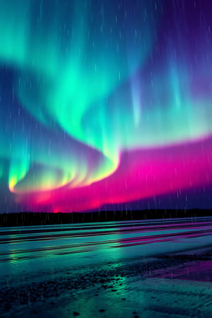 Witness the breathtaking beauty of the aurora borealis painting the night sky with vibrant hues. A mesmerizing scene perfect for travel, tourism, or adding a touch of wonder. Capture the essence of nature's artistry.の素材