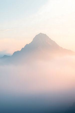 Experience the breathtaking beauty of a mountain emerging from soft clouds at sunrise. This serene scene evokes a sense of peace, perfect for travel, wellness, or inspirational campaigns. Create a sense of calm.の素材