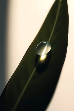 A single water droplet glistens on a lush green leaf, bathed in soft light. Perfect for wellness, beauty, and natural product visuals. Evokes a sense of calm and tranquility. Ideal for skincare, spa, and eco-friendly branding.の素材