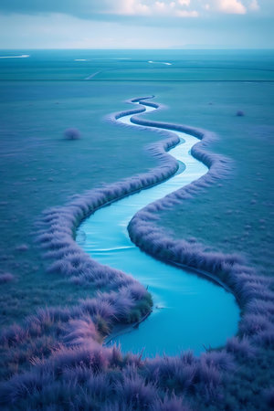 Imagine the gentle flow of the river, a journey through nature's embrace. This scene offers a sense of peace and tranquility. Perfect for travel, wellness, or any project seeking a connection to nature.の素材