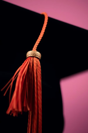 Vibrant graduation tassel and cap, a symbol of academic success and new beginnings. Perfect for conveying achievement, celebration, and the joy of graduation. Ideal for educational institutions, businesses, and personal projects.の素材