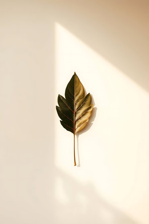 A single, stunning leaf illuminated by warm sunlight, evoking a sense of calm and natural beauty. Ideal for branding, wellness, and eco-friendly designs. Perfect for creating a serene atmosphere in any project.の素材