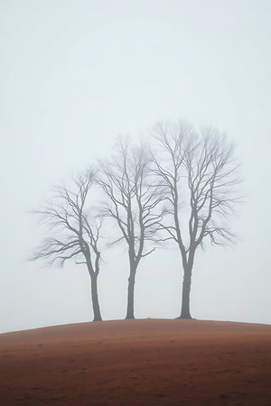 Evoke a sense of calm with this minimalist landscape. Perfect for projects needing a touch of serenity, it portrays a peaceful scene with bare trees enveloped in mist. Ideal for creating a calming mood in designs.の素材