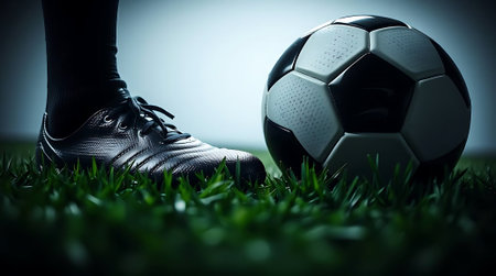 A soccer ball and cleat on lush green grass. Perfect for sports, fitness, and lifestyle content. Capture the spirit of competition, training, and the love of the game in your next project.の素材