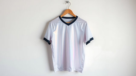 A pristine white t-shirt hanging on a wooden hanger against a neutral backdrop, ideal for showcasing designs or branding. This versatile piece offers a clean, stylish aesthetic for any project.の素材