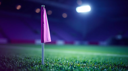 A vibrant soccer field corner flag bathed in stadium lights. Perfect for sports marketing, event promotions, and game day visuals. Capture the excitement and energy of a live match. Ideal for adding drama and impact to any project.の素材