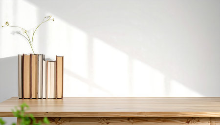 A serene minimalist scene featuring a wooden table, books, and delicate florals, perfect for showcasing products or adding a touch of calm to any design. The bright white background and soft lighting create a clean, inviting atmosphere.の素材