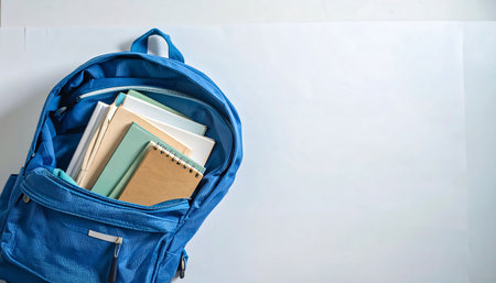 A vibrant blue backpack overflowing with school supplies, perfect for educational themes. Ideal for illustrating learning, preparation, and the start of a new semester. Clean design with space for text.の素材