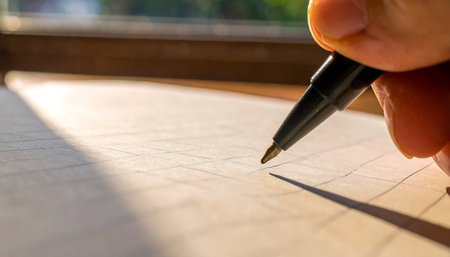 A hand elegantly uses a pen to write on paper. Perfect for illustrating creative processes, planning, or capturing thoughts. Ideal for conveying ideas, notes, and design concepts. Evokes a sense of focus and natural creativity.の素材