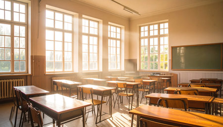 An inviting, light-filled classroom with rows of wooden desks and a chalkboard. Evokes feelings of learning, nostalgia, and academic pursuit. Perfect for educational projects, marketing materials, or any concept related to knowledge and growth.の素材
