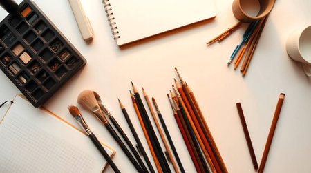 Organized Art Supplies and Sketchbooks on a Bright Creative Workstation Tableの素材
