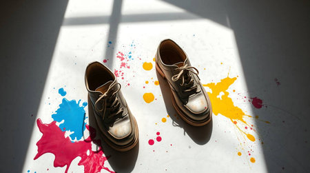 Artistic image showcasing worn shoes placed on a brightly lit surface with vivid paint splashes, evoking creativity and contrast.の素材