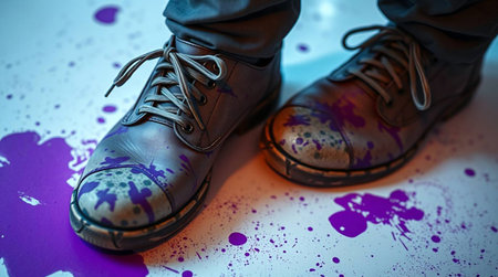 A pair of leather boots with colorful purple paint splatters, standing on a white floor decorated with matching stains. A detailed and vibrant composition showcasing creativityの素材