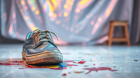 A solitary black shoe lying amidst spilled red paint on a glossy floor, with a colorful and blurred background creating a dramatic and artistic scene.の素材