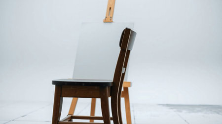 A simple wooden chair placed in front of a blank canvas on an easel inside a bright minimalist art studioの素材