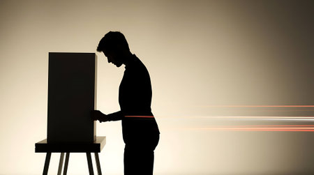 A striking silhouette interacts with a minimalist box, hinting at innovation and new possibilities. This artwork evokes mystery and anticipation, ideal for branding, presentations, or projects needing a touch of sophistication and intrigue.の素材