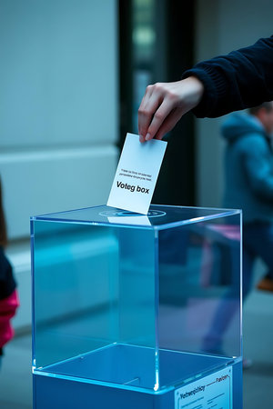 A hand casting a ballot into a clear ballot box, representing democracy and the power of the vote. Perfect for illustrating elections, civic engagement, and political participation.の素材