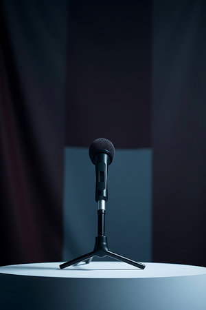 A sleek microphone stands poised, ready for an important announcement or musical performance. Capture the essence of professional audio with this versatile image, perfect for podcasts, presentations, and more.の素材