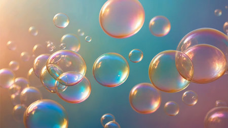 Experience pure joy as iridescent bubbles drift and shimmer in a soft gradient. This magical scene evokes wonder and lightheartedness, perfect for adding a touch of enchantment.の素材