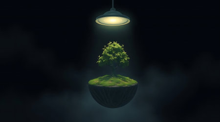 Discover potential and growth with this surreal scene of a vibrant tree thriving on a floating island under a bright spotlight.の素材