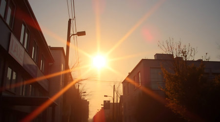 Experience the serene beauty of a golden hour sunburst on an urban street, casting warm light on modern buildings and bare trees. Perfect for evoking tranquility and urban charm.の素材