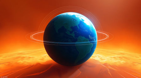 Experience the dynamism of Earth with luminous orbital rings set against a vibrant, fiery orange sky, perfect for representing global connectivity, innovation, and exploration.の素材