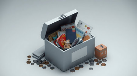 Open chest overflowing with childhood memories, books, and coins, evoking nostalgia and financial planning for future goalsの素材