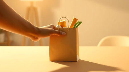 Hand holding a fresh, healthy grocery bag filled with organic produce, perfect for a farm-to-table lifestyle, healthy eating.の素材