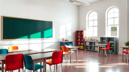 Inviting classroom interior with sunlight streaming through arched windows, ready for learning and education, a perfect educational spaceの素材