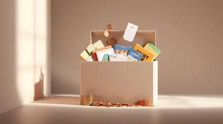 Financial success concept: overflowing treasure chest with coins, documents, and papers, symbolizing growth and wealth in a modern settingの素材
