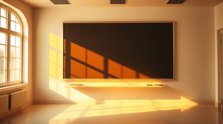 Empty classroom bathed in warm sunlight with a classic chalkboard, perfect for education, presentations, and creative conceptsの素材