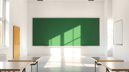 Bright classroom interior with empty desks, a green chalkboard, and sunlight streaming through the window ready for educationの素材