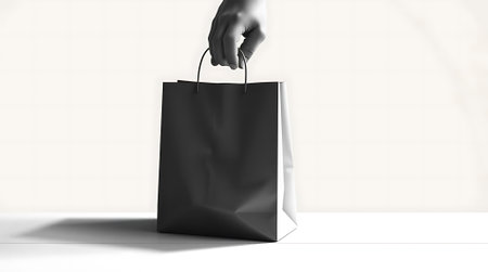 Elegant hand holding a modern black shopping bag, perfect for showcasing branding, product placement, or promotional campaignsの素材