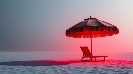 Escape to tranquility with this serene beach scene. A lone lounge chair beneath a vibrant red umbrella bathed in dusk's glow promises ultimate relaxation and a peaceful getaway.の素材