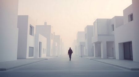 A lone figure walks down a clean, minimalist street lined with modern white buildings disappearing into a soft, atmospheric fog. Evokes solitude, contemplation, and the journey forward.の素材