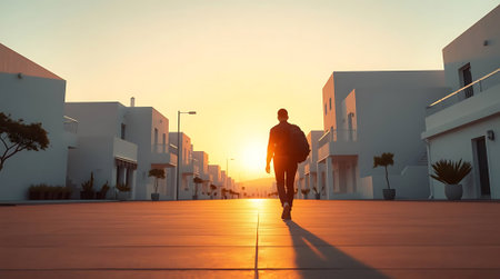 Experience the serenity of a lone figure walking towards a vibrant sunset, flanked by modern white architecture. Evokes feelings of peace, new beginnings, and the promise of adventure.の素材