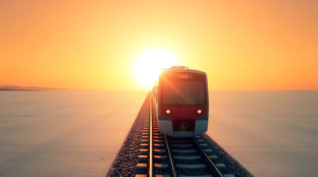Experience the awe of a modern train journeying towards a breathtaking sunset. This serene landscape evokes feelings of progress, adventure, and the beauty of the open road ahead.の素材
