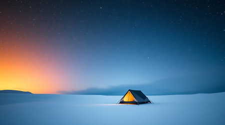 Experience ultimate tranquility as a warm, glowing tent stands against a breathtaking starry night, transitioning into a vibrant sunset sky over a peaceful, vast landscape.の素材