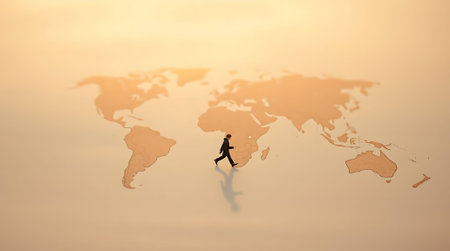 A determined individual walks across a conceptual world map, embodying global ambition and the pursuit of international success. Ideal for business, travel, and motivational themes.の素材