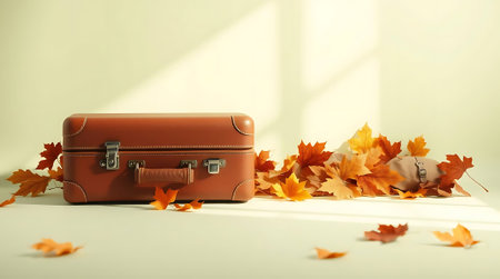 Capture the essence of autumnal travel with this vintage suitcase and backpack. Surrounded by warm, colorful leaves, it evokes a sense of adventure, nostalgia, and the beauty of seasonal change. Perfect for travel blogs, lifestyle content, or seasonal promotions.の素材