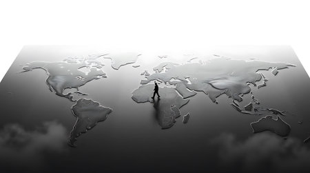 A determined businessman walks across a sleek, metallic world map, embodying global ambition and strategic business planning. Perfect for finance, travel, or corporate themes.の素材