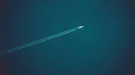 Experience the freedom of flight as a sleek jetliner cruises through the endless expanse of a deep blue sky, leaving a trail of white contrails. Evokes travel, adventure, and global connection.の素材