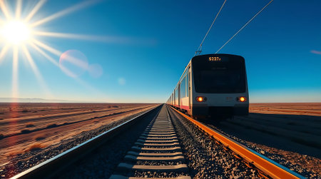 Experience the thrill of modern travel as a sleek train cuts through a sun-drenched desert, symbolizing progress and boundless journeys. Perfect for conveying movement and adventure.の素材