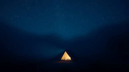 Experience ultimate tranquility with a glowing tent under a breathtaking starry sky. Perfect for evoking peace, adventure, and the magic of the great outdoors.の素材