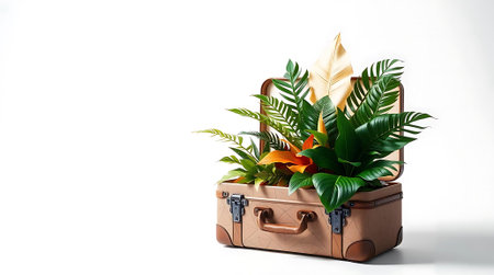 Experience the thrill of adventure with lush tropical foliage spilling from a classic vintage suitcase. Perfect for travel blogs, lifestyle content, and evoking a sense of wanderlust.の素材