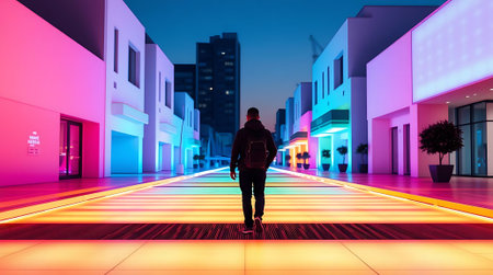 Experience the energetic pulse of a modern city at twilight. A lone figure journeys down a street alive with vibrant neon and architectural glow, evoking a sense of progress and urban exploration.の素材