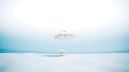 Experience ultimate tranquility with this minimalist beach scene. White umbrella, chair, and table offer a serene escape, perfect for evoking peace and relaxation.の素材
