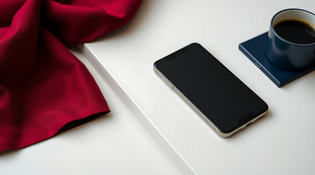 Sophisticated scene featuring a smartphone, coffee, and rich fabric. Evokes modern luxury, productivity, and relaxed professionalism. Ideal for lifestyle and business content.の素材