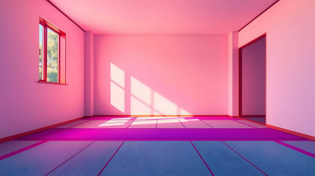Bathed in gentle sunlight, this serene pink room offers a tranquil and inviting modern aesthetic, perfect for creating a peaceful, stylish, or minimalist atmosphere.の素材