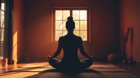 Find your inner peace. A serene woman meditates in a sunlit room, embodying tranquility and mindful living. Perfect for wellness, yoga, and self-care themes.の素材